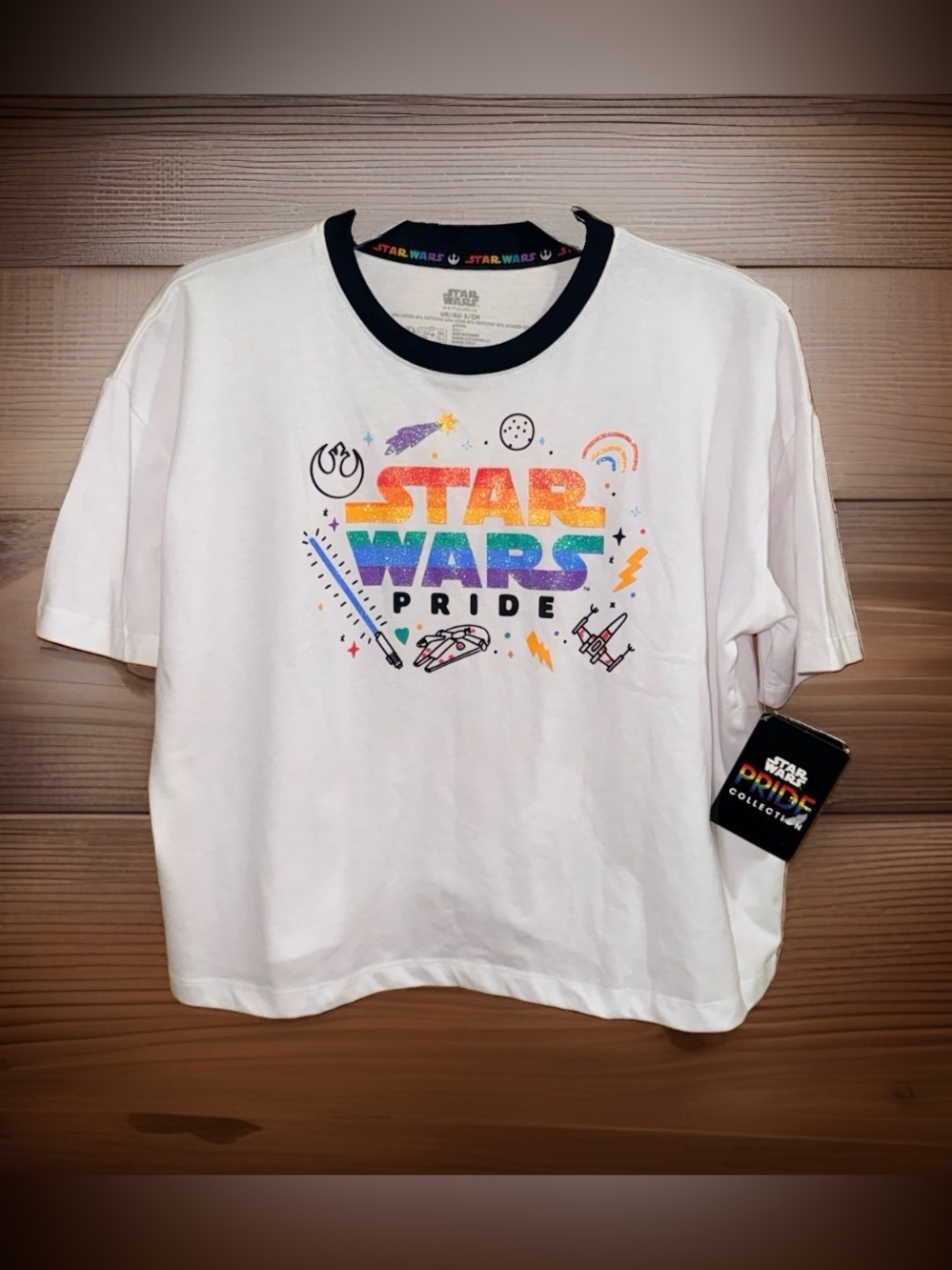 NWT Disney White Short Sleeve Pride Graphic Tee with Black Collar-S